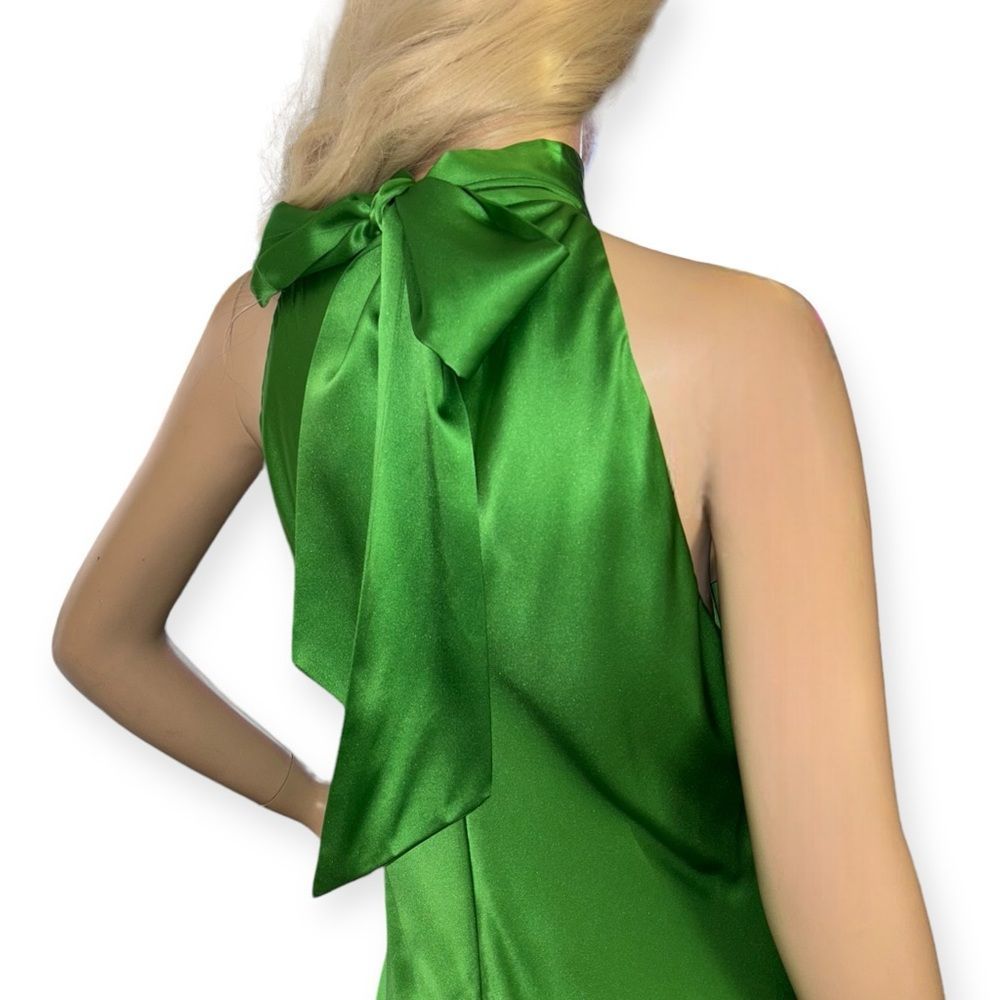 FRAME Draped Neck Tie Halter Dress in Bright Peridot Silk Size Large NEW - Picture 9 of 16